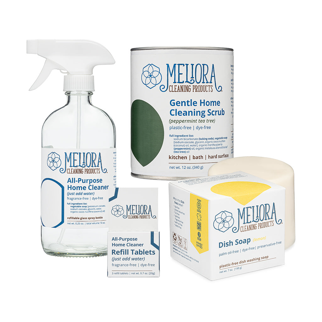 Meliora Plastic-Free Home Cleaning Bundle - Non-Toxic Eco-Friendly (Peppermint Tea Tree & Lemon)