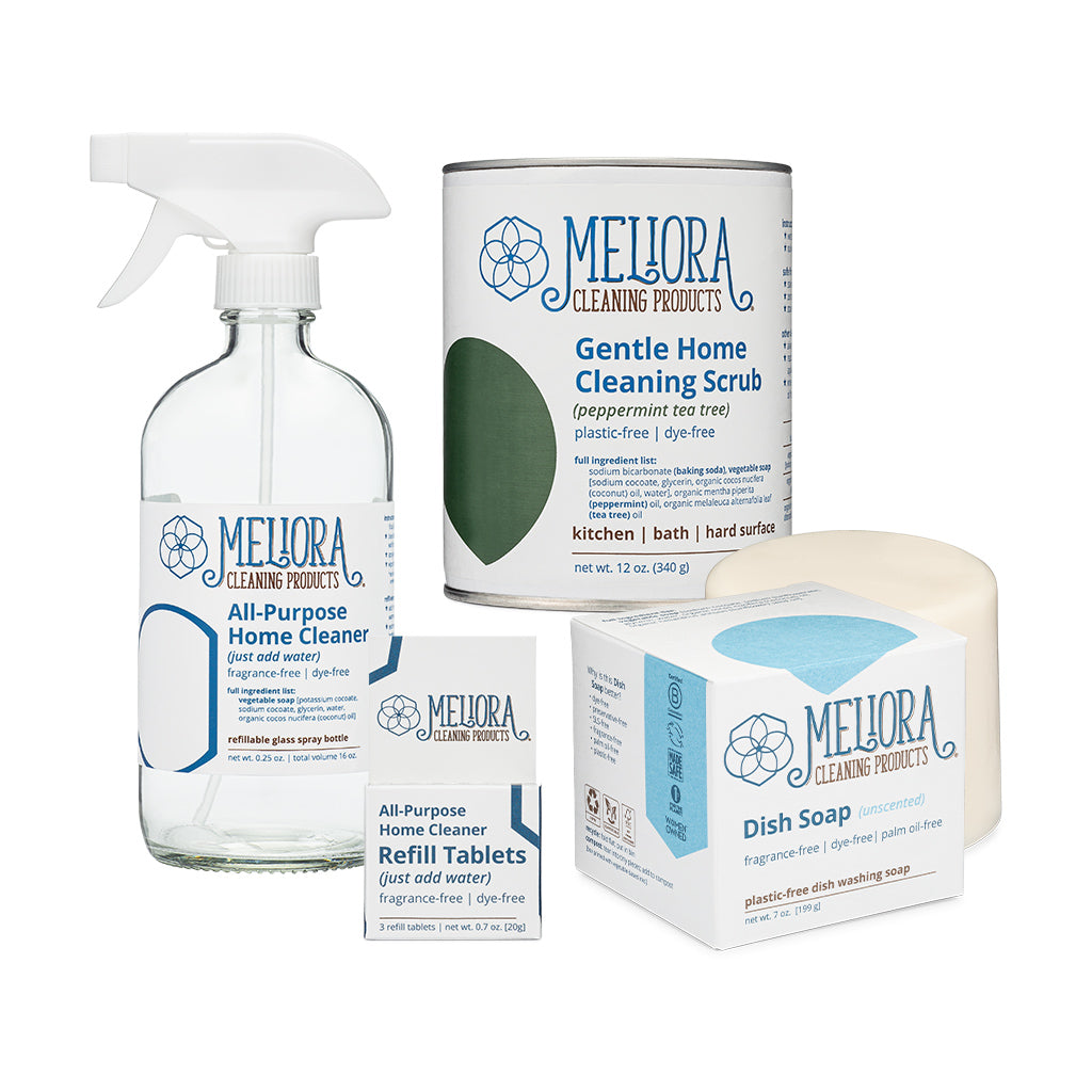 Meliora Plastic-Free Home Cleaning Bundle - Non-Toxic Eco-Friendly (Peppermint Tea Tree & Unscented)