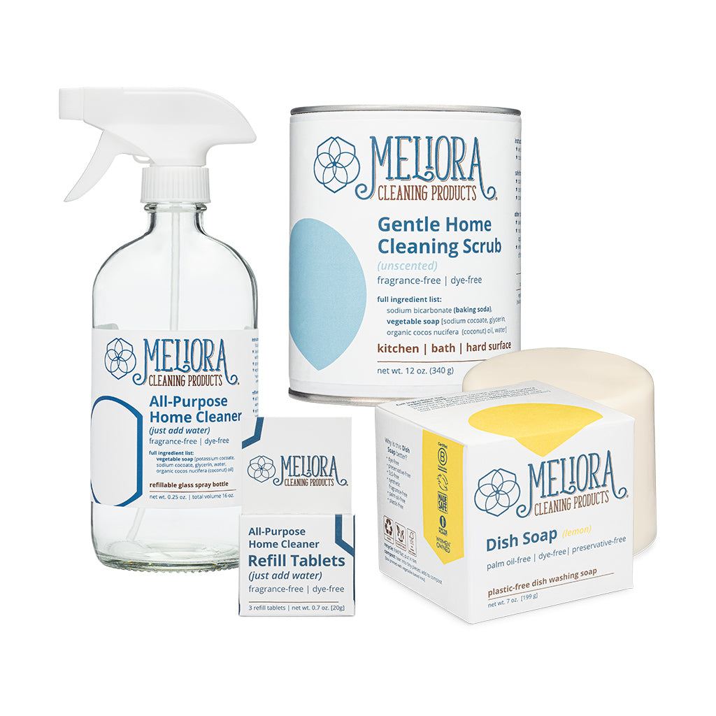 Meliora Plastic-Free Home Cleaning Bundle - Non-Toxic Eco-Friendly (Lemon & Unscented)