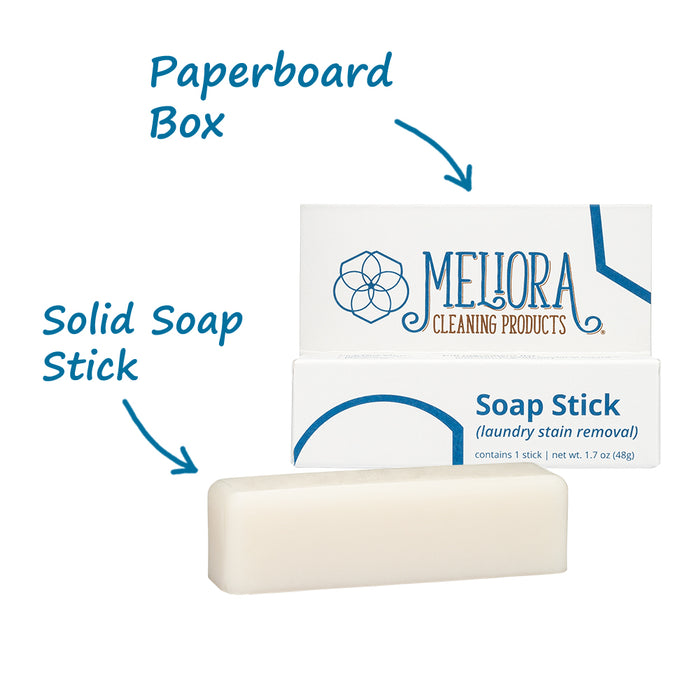 A photo of Meliora Soap Stick Stain Remover with arrows pointing to the solid soap stick and paperboard box.