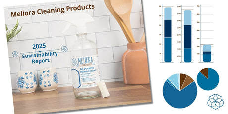 A graphic featuring the cover of the 2025 Sustainability Report from Meliora Cleaning Products with charts and graphs.