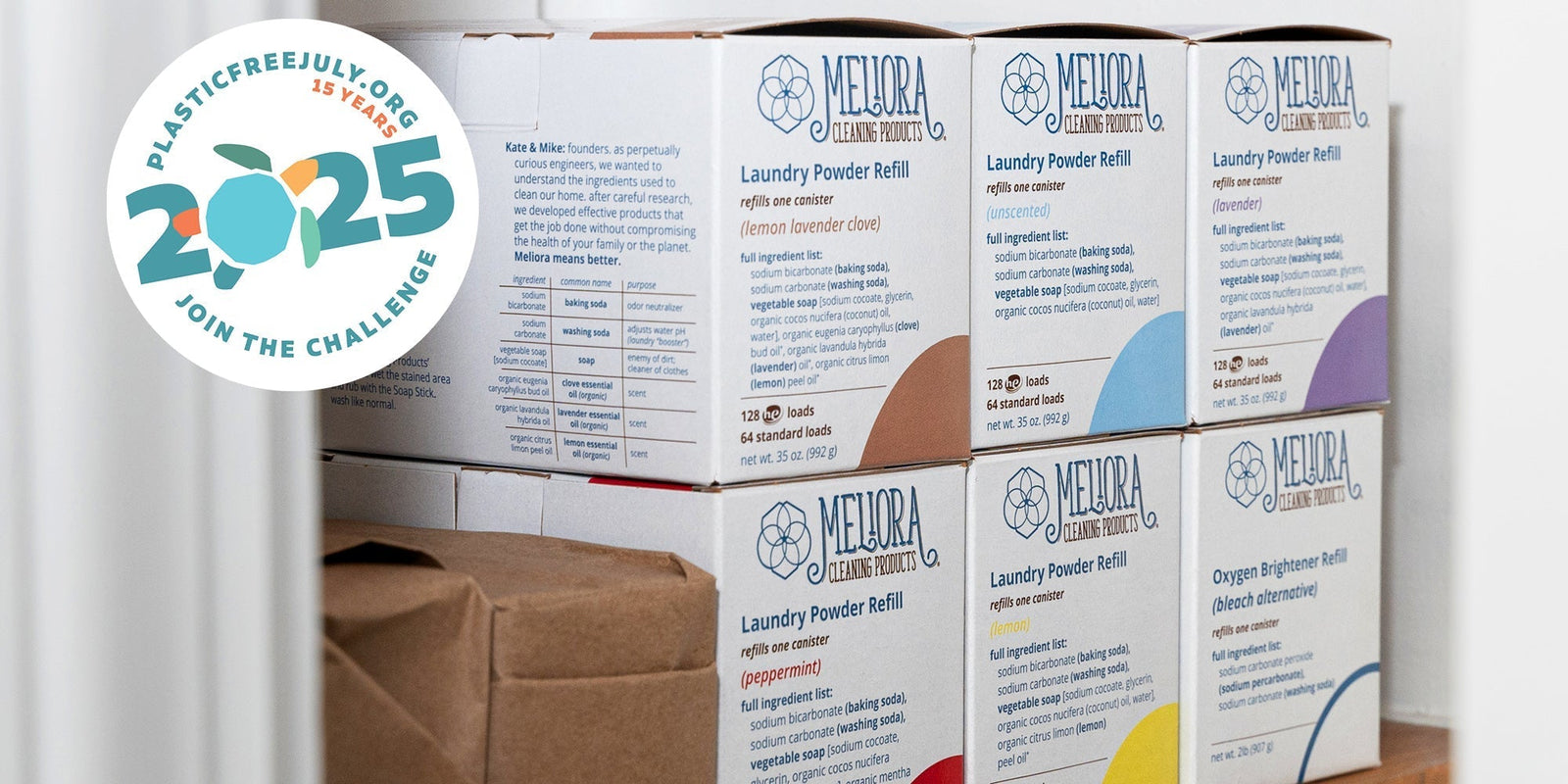 A photo of plastic-free Meliora Laundry Powder Refills in a closet.