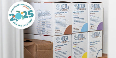 A photo of plastic-free Meliora Laundry Powder Refills in a closet.