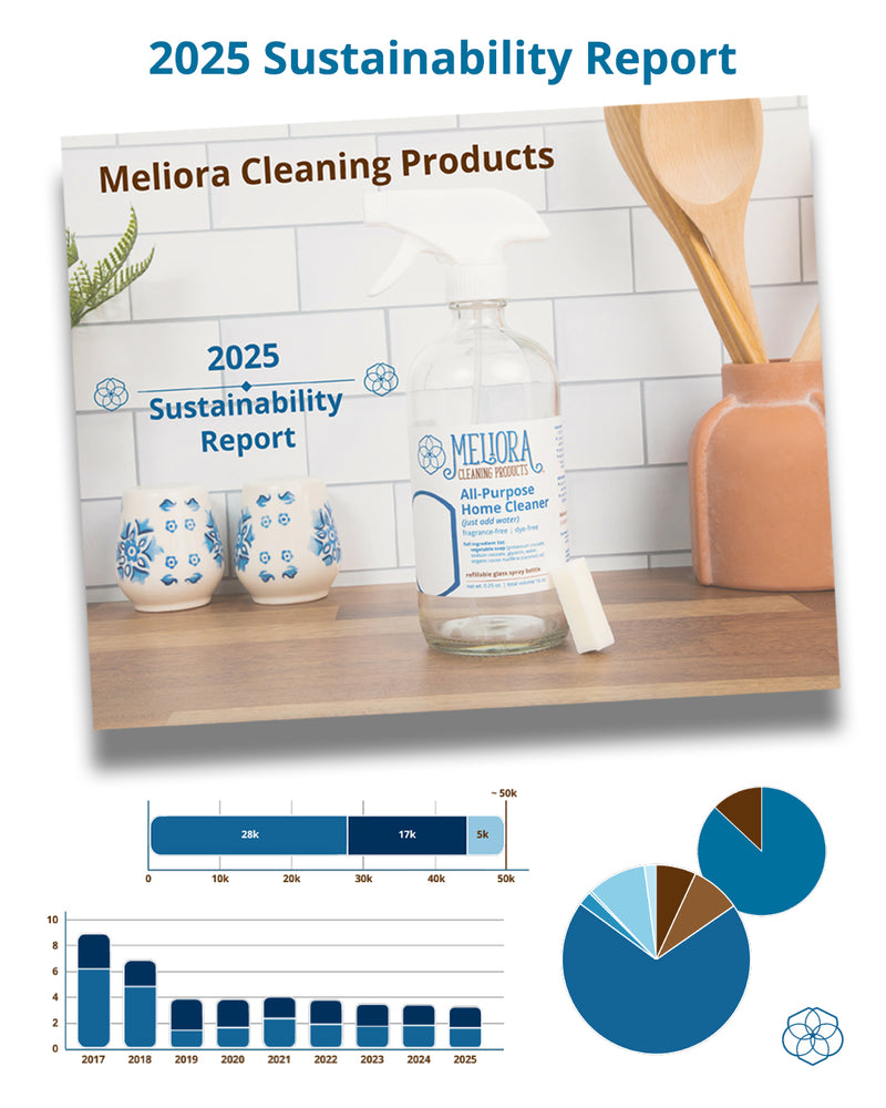 Graphic of the 2025 Sustainability Report from Meliora Cleaning Products with charts and graphs.