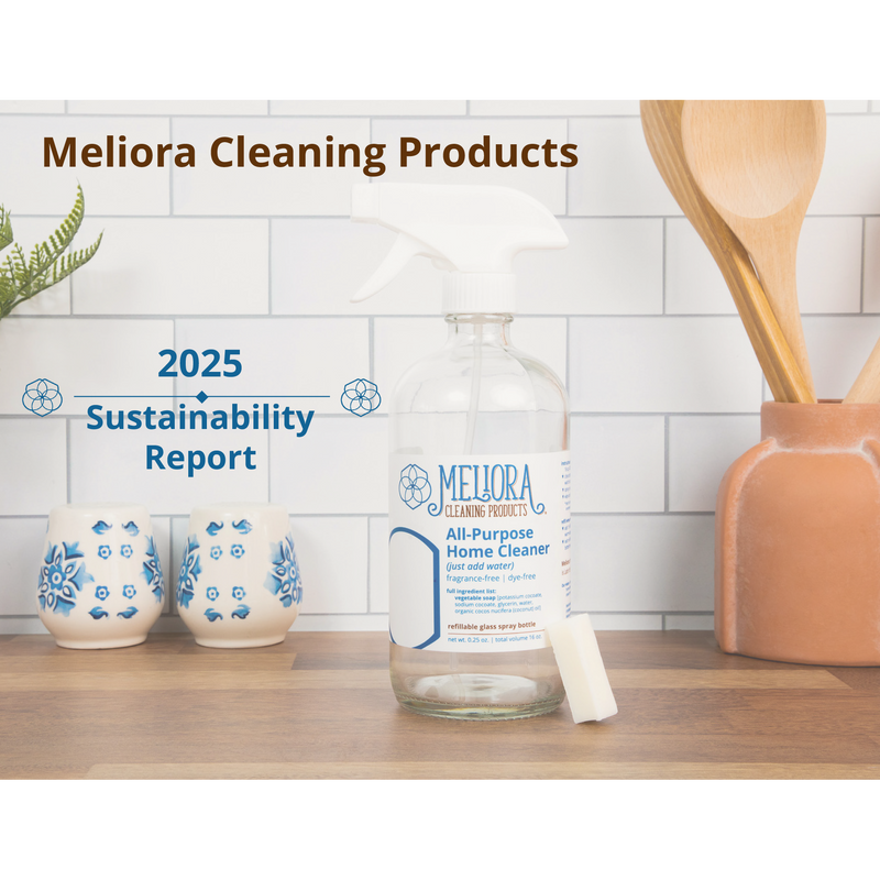 The cover page of the 2025 Sustainability Report for Meliora Cleaning Products.