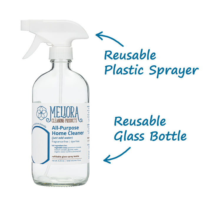 A photo of Meliora All-Purpose Home Cleaner Bottle with arrows pointing to the reusable glass bottle and reusable plastic sprayer.