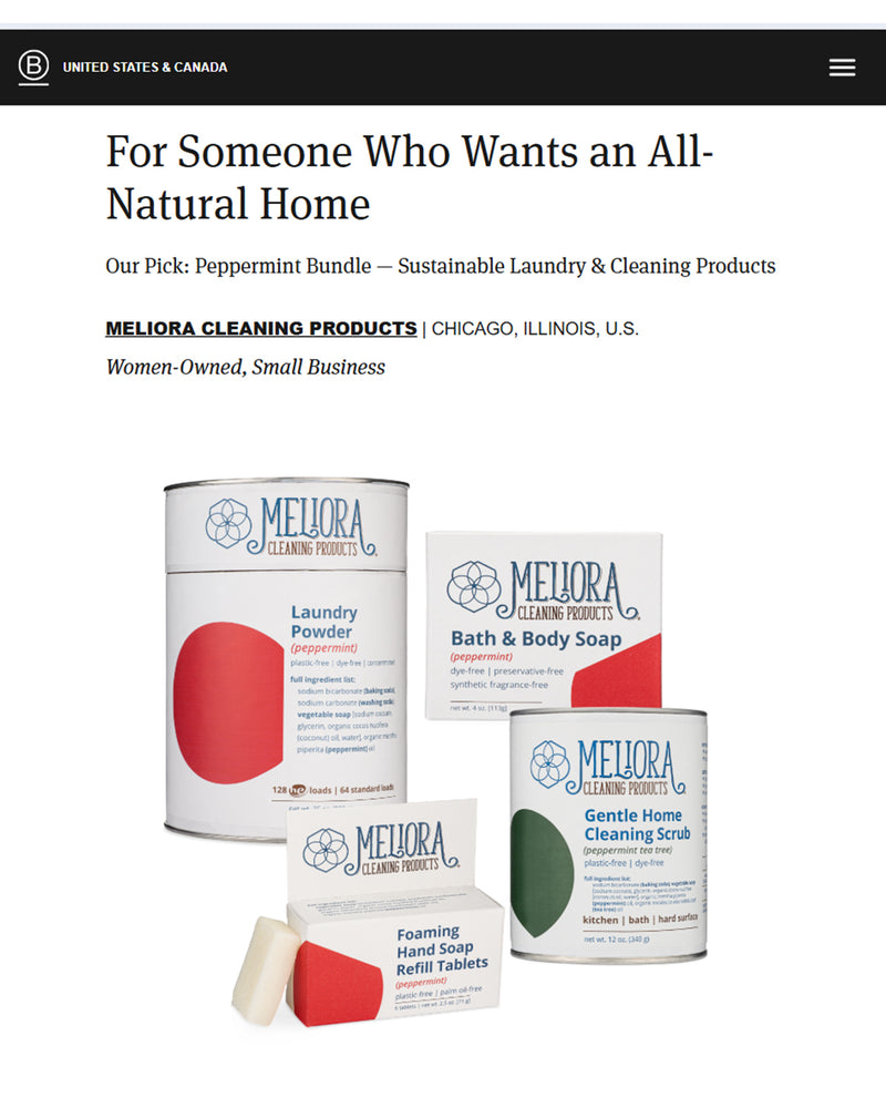 A screenshot from the B Corp US & Canada 2025 gift guide showing the Meliora Peppermint Bundle with the headline "For Someone Who Wants an All-Natural Home".