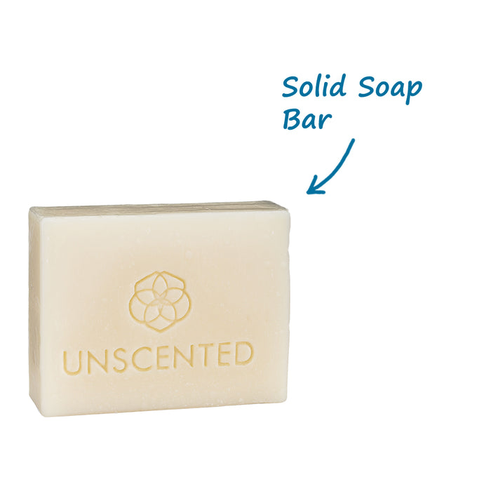 A photo of package-free Meliora Bath & Body Soap  with an arrow pointing to the solid soap bar.