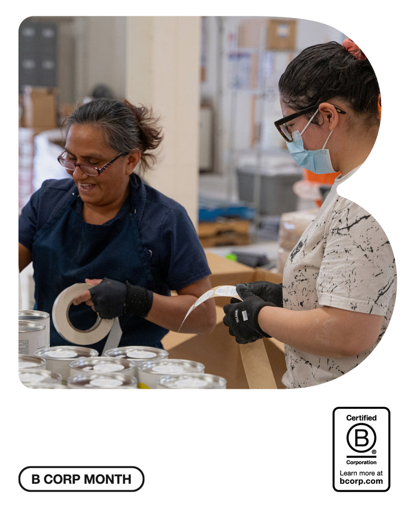 Two Meliora employees working together in our factory with B Corp certification logo at the bottom.