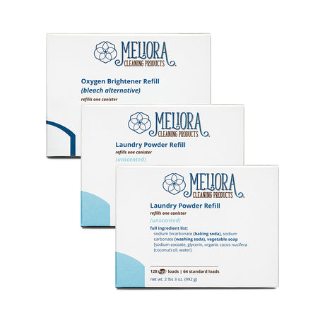 Meliora Plastic-Free Laundry Refill Bundle - Non-Toxic Eco-Friendly (Unscented)