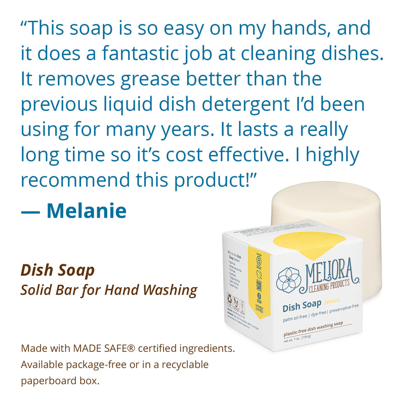 A visual testimonial for Meliora Dish Soap with the customer review "This soap is so easy on my hands, and it does a fantastic job at cleaning dishes. It removes grease better than the previous liquid dish detergent I'd been using for many years. It lasts a really long time so it's cost effective. I highly recommend this product!" from Melanie.