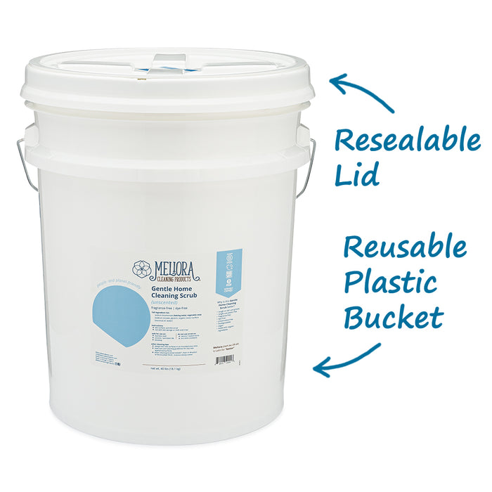 A photo of Meliora Gentle Home Cleaning Scrub Bucket with arrows pointing to the reusable plastic bucket and resealable lid.