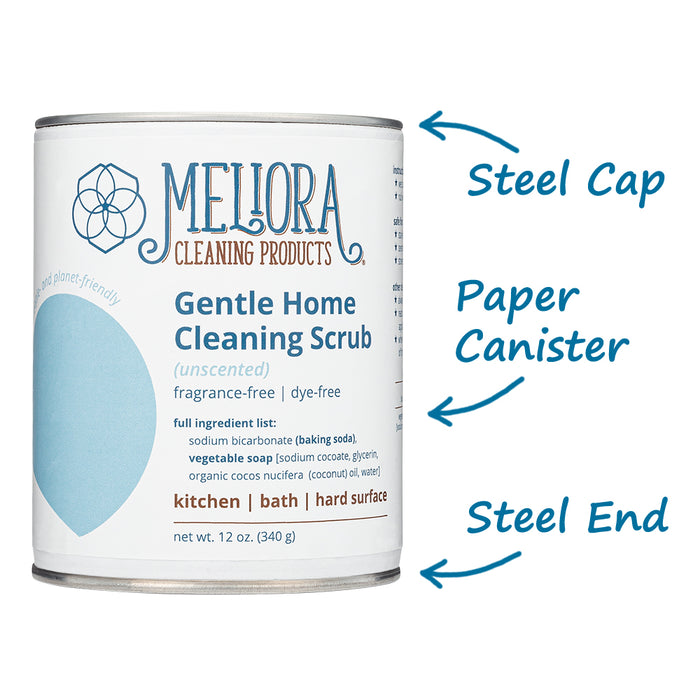 A photo of Meliora Gentle Home Cleaning Scrub with arrows pointing to steel ends and the paper canister.