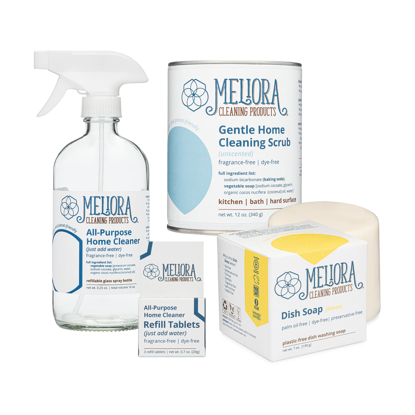 Meliora Plastic-Free Home Cleaning Bundle - Non-Toxic Eco-Friendly (Lemon & Unscented)