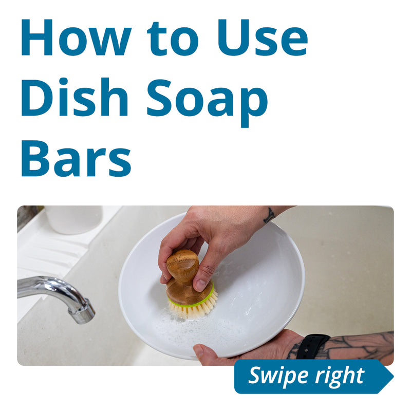 A social media graphic titled How to Use Dish Soap Bars with a photo of a person scrubbing a plate with a dish brush.