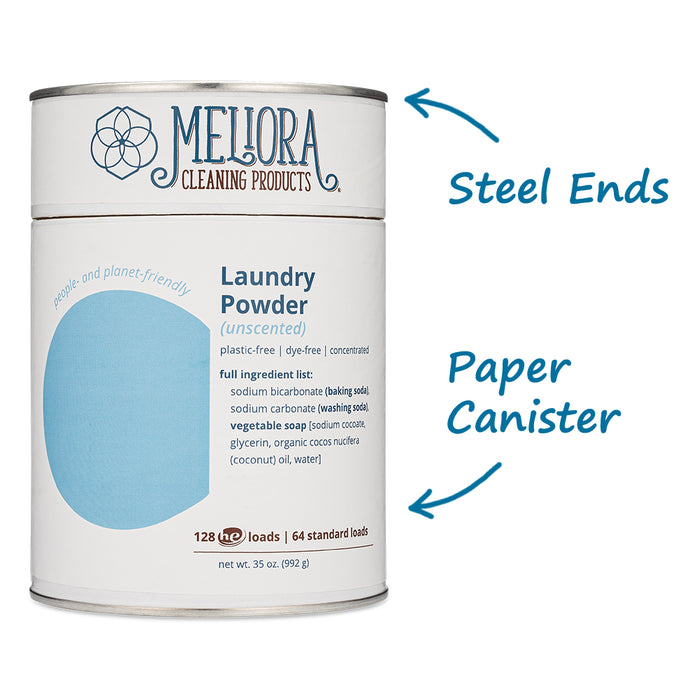 A photo of Meliora Laundry Powder with arrows pointing to steel ends and the paper canister.