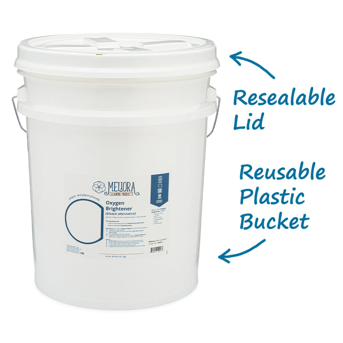 A photo of Meliora Oxygen Brightener Bucket with arrows pointing to the reusable plastic bucket and resealable lid.