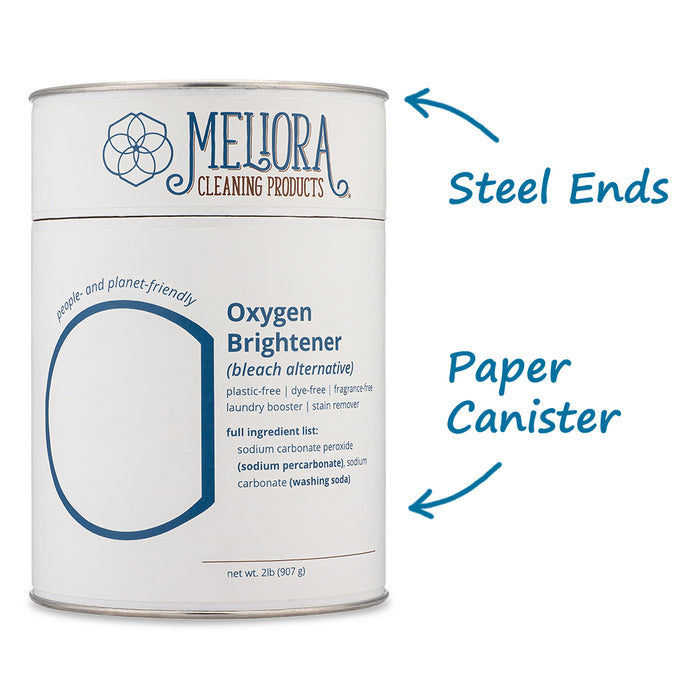 A photo of Meliora Oxygen Brightener with arrows pointing to steel ends and the paper canister.