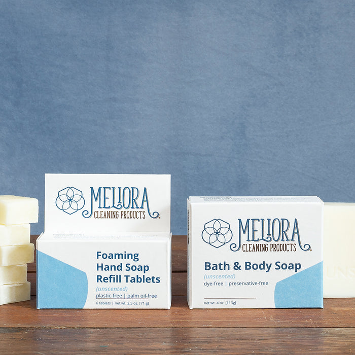 A photo of the Personal Care Soap collection from Meliora Cleaning Products featuring Foaming Hand Soap Refill Tablets and Bath & Body Soap bars.