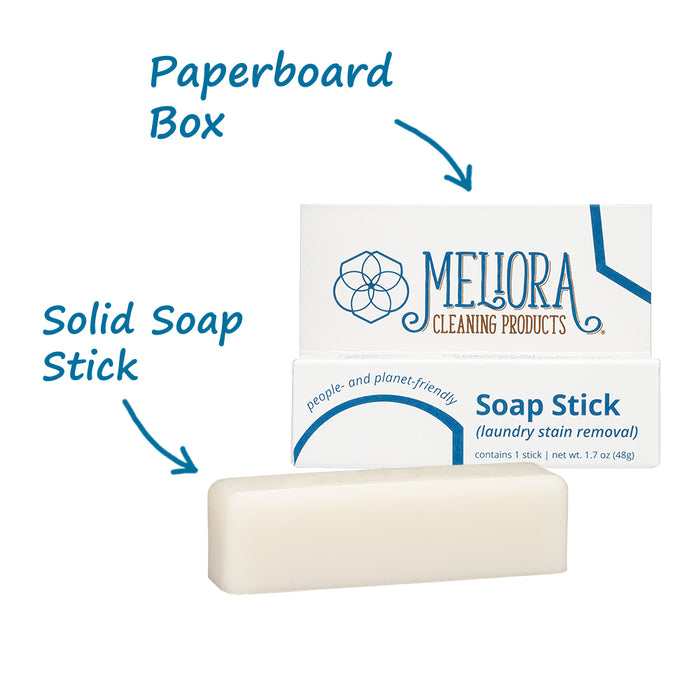 A photo of Meliora Soap Stick Stain Remover with arrows pointing to the solid soap stick and paperboard box.