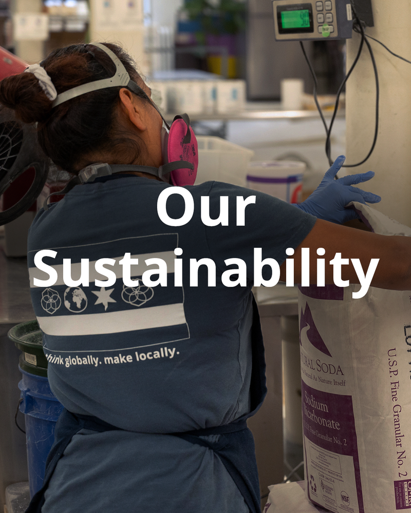 A Meliora employee working in the factory overlaid with the text "Our Sustainability."