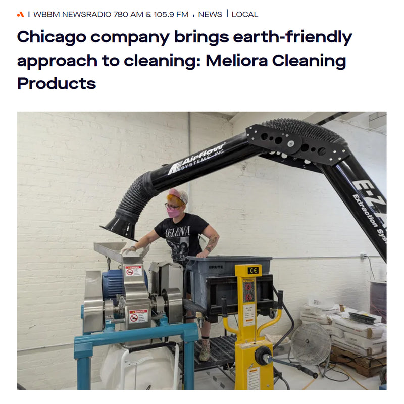 A screenshot of a WBBM Newsradio article featuring Meliora Cleaning Products. The title reads "Chicago company brings earth-friendly approach to cleaning".