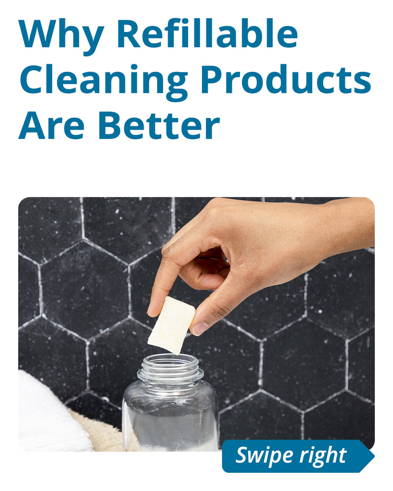 Hand dropping a refill tablet into a bottle with text "Why Refillable Cleaning Products Are Better".