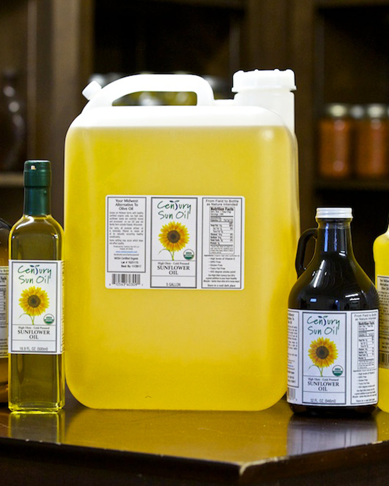 A photo of organic sunflower oil products in different containers produced by Century Sun Oil.