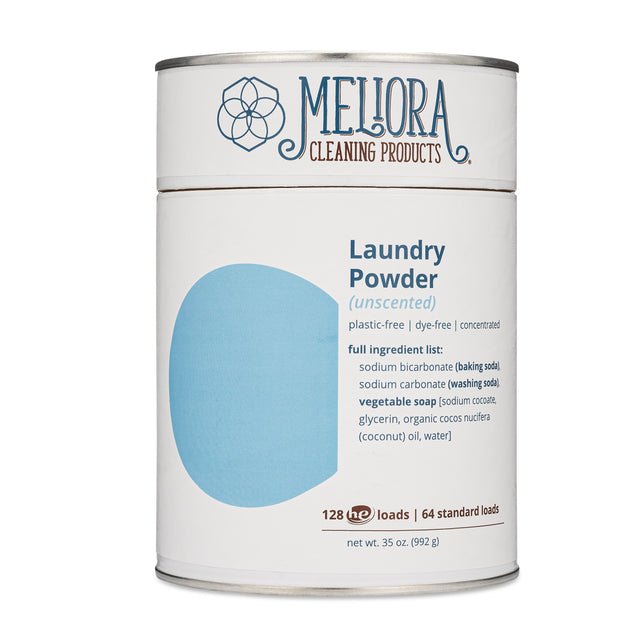 Meliora Laundry Powder Detergent: Eco-friendly, plastic-free packaging with a concentrated formula for a powerful, natural clean.